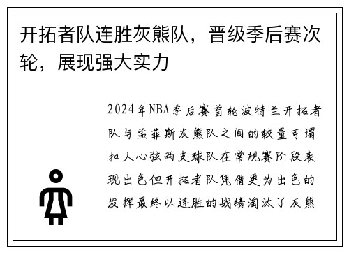 开拓者队连胜灰熊队，晋级季后赛次轮，展现强大实力